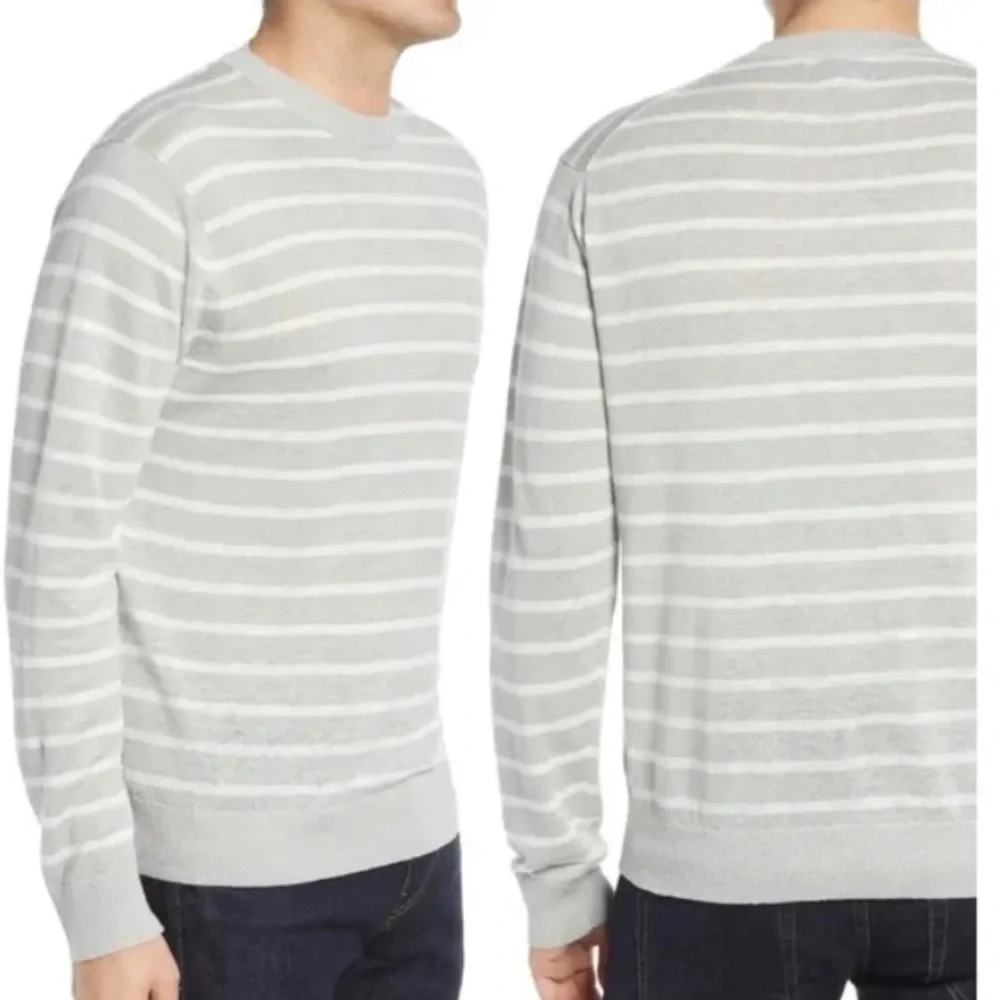 Bonobos Gray and White Linen Striped Slim Fit Sweater - Picture 1 of 7